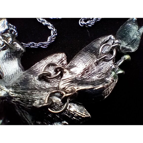 Floral & Butterfly Statement Necklace Rhinestone Accents Green Silver-Tone Metal - Picture 16 of 16